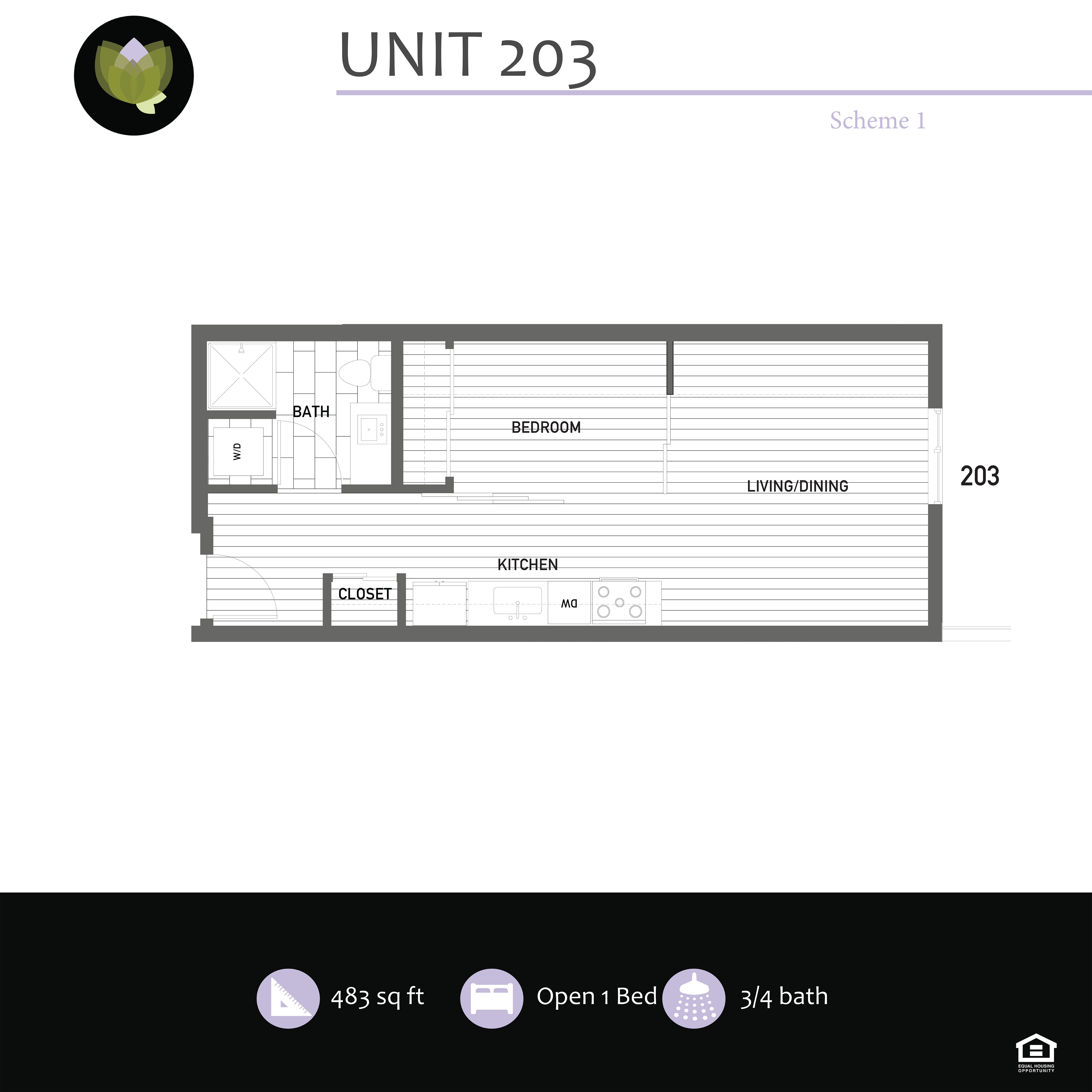 Floor plan for 1 bed, 1 bath, 640 sqft